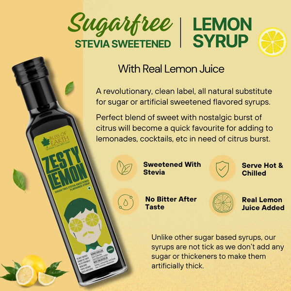 Bliss of Earth Lemon Syrup Sugarfree For Drinks, Cocktails & Mocktails Flavor Enhancer, Stevia Sweetened, Diabetic Safe, Zero Calorie, 500ml