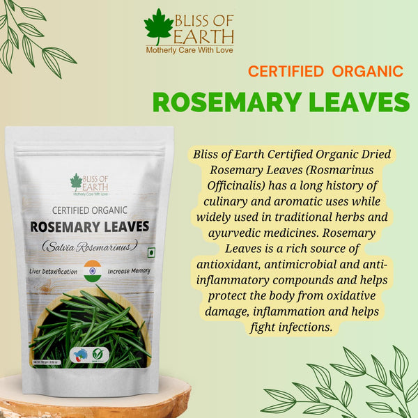 Bliss of Earth Dried Rosemary Leaves Certified Organic Rosmarinus Officinalis Great for Tea, Cooking, Hair & Memory 100GM