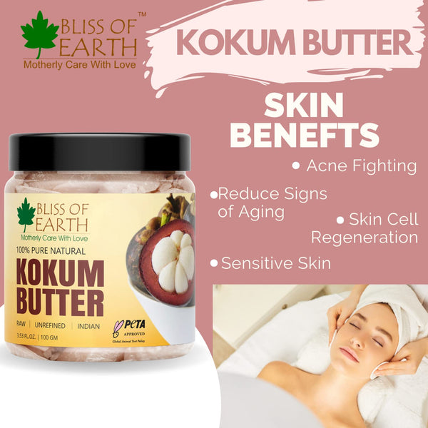 Bliss of earth 100% Pure Natural Kokum Butter Raw | Unrefined | Indian Great For Moisturized Skin,Nourishing Hair, Stretch Mark, DIY Product PETA Approved 100GM