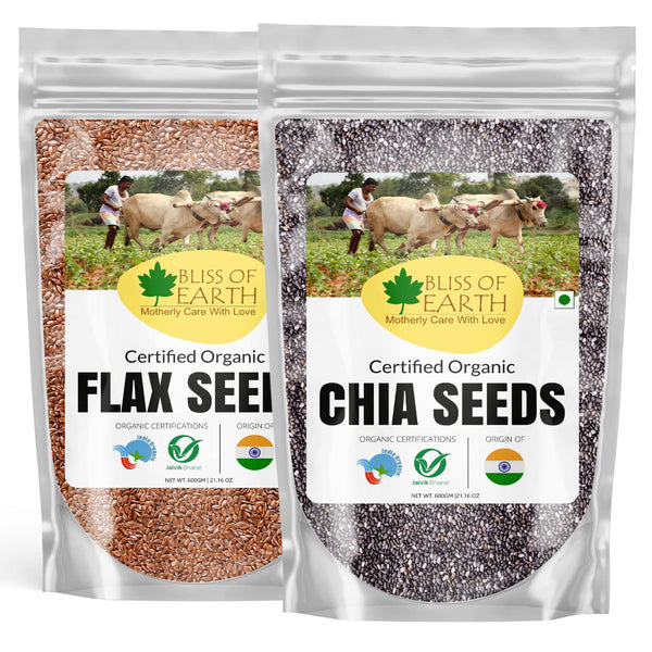 Bliss of Earth Organic Raw Chia Seed & Flax Seed Combo Pack For Weight Loss, Raw Super Food (Pack of 2X600GM)