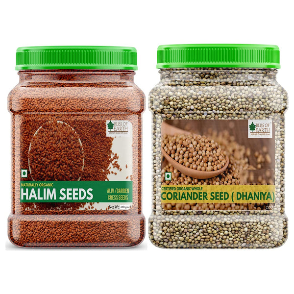 Bliss Of Earth Combo of Naturally Organic Coriander Seeds (250gm) for Healthy Cooking and Halim Seeds (600gm) for Eating, Hair & Immunity Booster Foods Pack of 2