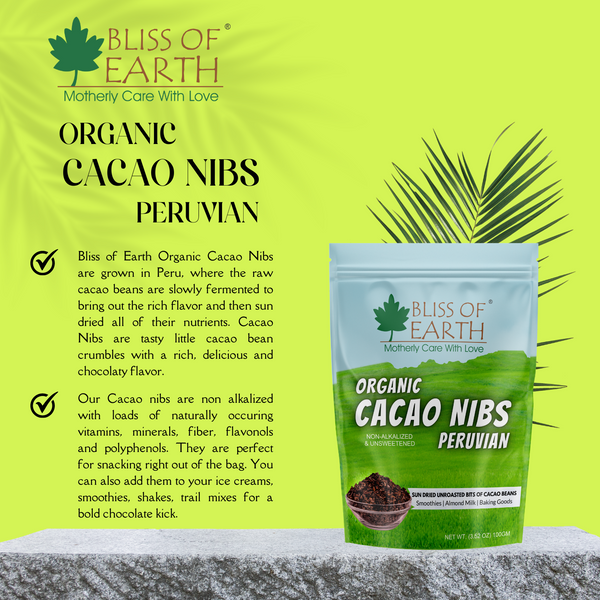 Bliss of Earth Cacao Nibs Organic Sun Dried, Unroasted, Non-Alkalized & Unsweetened Great for Baking, Smoothie & Snacking Exquisite Flavor Superfood 200gm