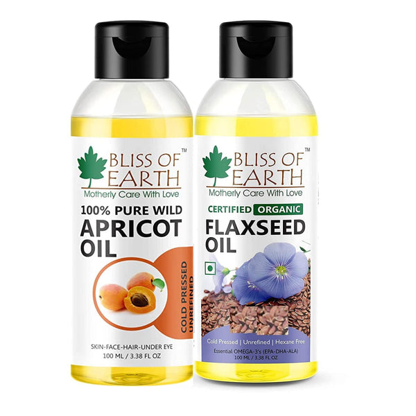 BLISS OF EARTH Wildcrafted Himalayan Apricot Oil 100ML+100% Pure Natural Flaxseed Oil with OMEGA-3 100ML Pack of 2
