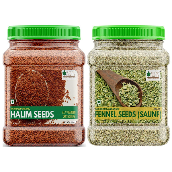 Bliss Of Earth Combo of Naturally Organic Fennel Seeds (400gm) for Healthy & Tasty Cooking and Halim Seeds (600gm) for Eating, Hair & Immunity Booster Foods (Pack of 2)