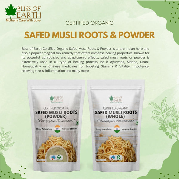 Bliss of Earth Safed Musli Roots Powder Organic Chlorophytum Borivilianum Helps Boost Immunity, Libido, Stamina, Vitality & Performence For Men & Women 200gm