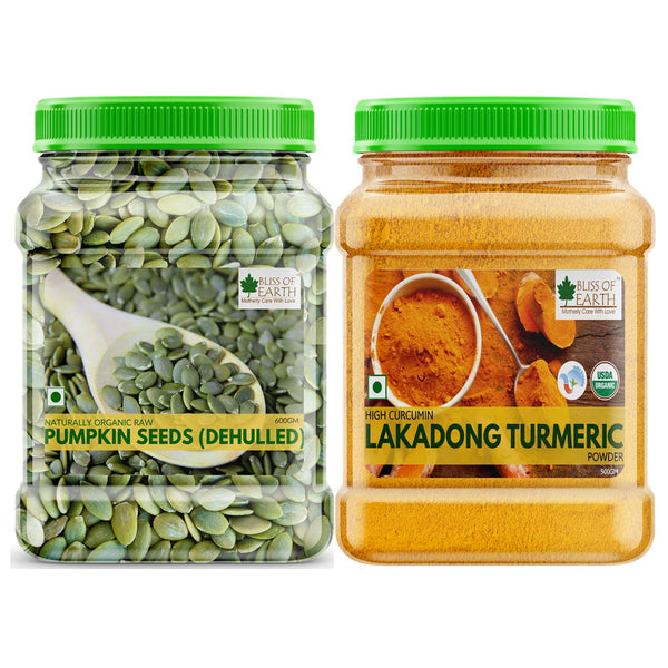 Bliss of Earth Combo Of High Curcumin Certified Organic Lakadong Turmeric Powder (500gm) And Dehulled Pumpkin Seeds (600gm) for Eating & Weight Loss, Naturally Organic Superfood (Pack Of 2)