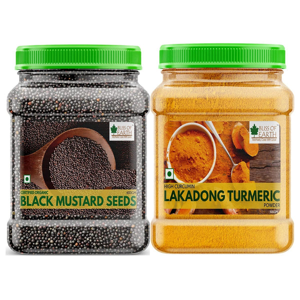 Bliss of Earth Combo Of High Curcumin Certified Organic Lakadong Turmeric Powder (500GM) And Organic Black Mustard Seeds (600gm) For Cooking, (Kali Sarson) Pack Of 2