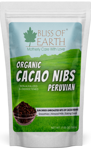 Bliss of Earth Cacao Nibs Organic Sun Dried, Unroasted, Non-Alkalized & Unsweetened Great for Baking, Smoothie & Snacking Exquisite Flavor Superfood 200gm