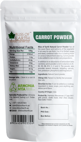 Bliss of Earth Carrot Powder All Natural Dehydrated, Pure, Freshly Ground, and Delicious Great for Skin, Cooking, Soup, Baking & Smoothie 200gm