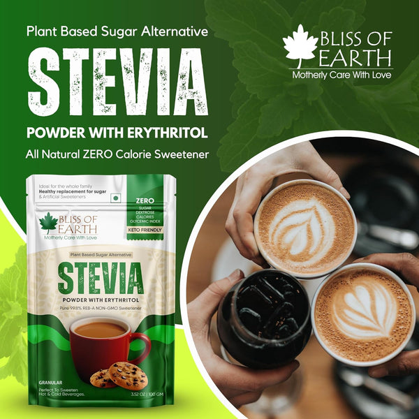 Bliss of Earth Stevia Powder – Sugar Free Stevia with Zero Calorie Sugar Substitute, 100g | Sweetener for Tea, Coffee, Baking, Keto & Diabetic-Friendly
