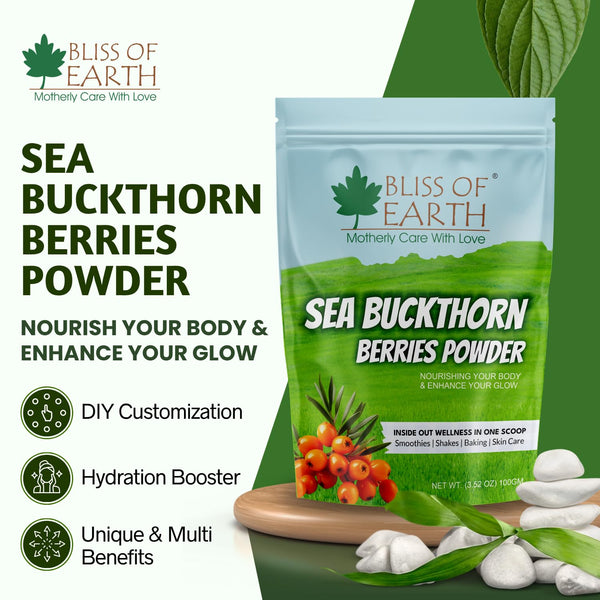 Bliss of Earth Sea buckthorn Berry Powder 100gm – Fine Himalayan Powder from Whole Sea buckthorn Berry, Easy to Mix in Drinks, Smoothies, Meals – No Added Sugar