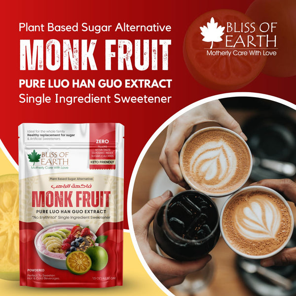 Bliss of Earth Pure Monk Fruit Extract Powder Without Erythritol, Zero Calorie Natural Sugar Free Sweetener, Keto & Diabetic Friendly, Healthy Sugar Substitute for Tea, Coffee, Baking & Cooking, 42.52gm, 850 Servings
