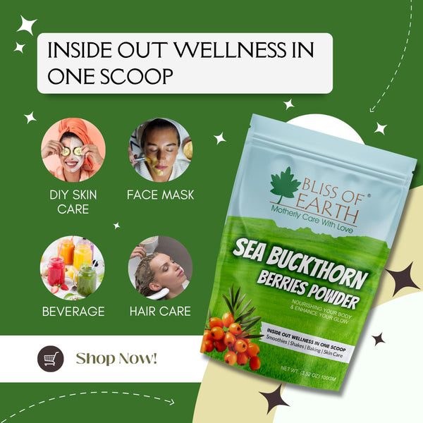 Bliss of Earth Sea buckthorn Berry Powder 100gm – Fine Himalayan Powder from Whole Sea buckthorn Berry, Easy to Mix in Drinks, Smoothies, Meals – No Added Sugar