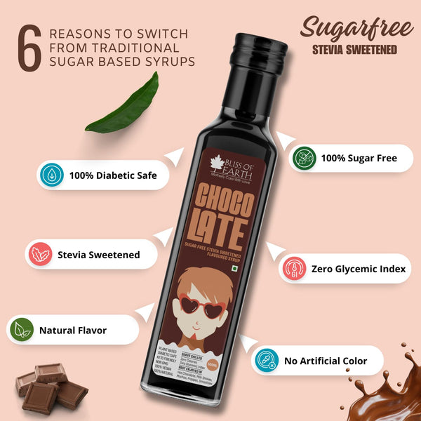 Bliss of Earth Stevia Sweetened Sugar Free Chocolate Syrup For Cold Coffee, Milk Shake & KIds, Diabetic Safe, Zero Calorie, 500ml