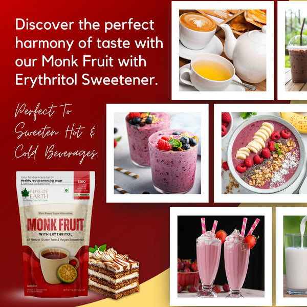 Bliss of Earth Monk Fruit Sweetener with Erythritol 1 lb (454g), 1:1 Zero Calorie Sugar Alternative, Keto Friendly, No Aftertaste, Zero Glycaemic Natural Sweetener,