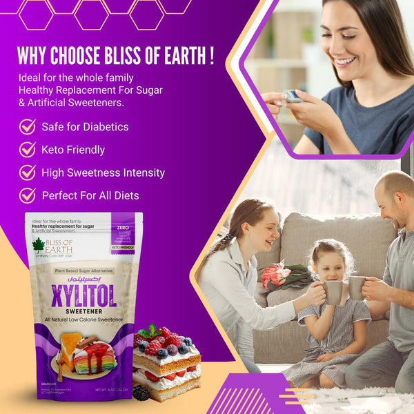 Bliss of Earth Xylitol Sweetener 1 lb (454g), 100% Natural 1:1 Sugar Substitute, Zero Added Sugar, Diabetic & Keto Friendly, Low GI Sweetener for Baking, Tea & Coffee