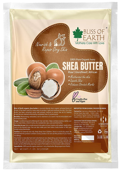 Bliss of Earth 100% Pure Organic Ivory Shea Butter Refill Pack | Raw Shea Butter For Stretch Marks | Unrefined & African | 200GM  | Great For Face, Skin, Body, Lips, DIY products|