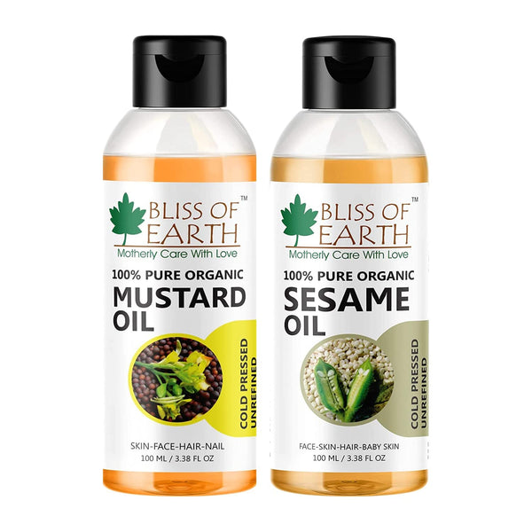 Bliss of Earth 100ML Organic Mustard Oil For Hair Growth +100% Organic Sesame Oil 100ML. Coldpressed & Unrefined (Pack of 2)