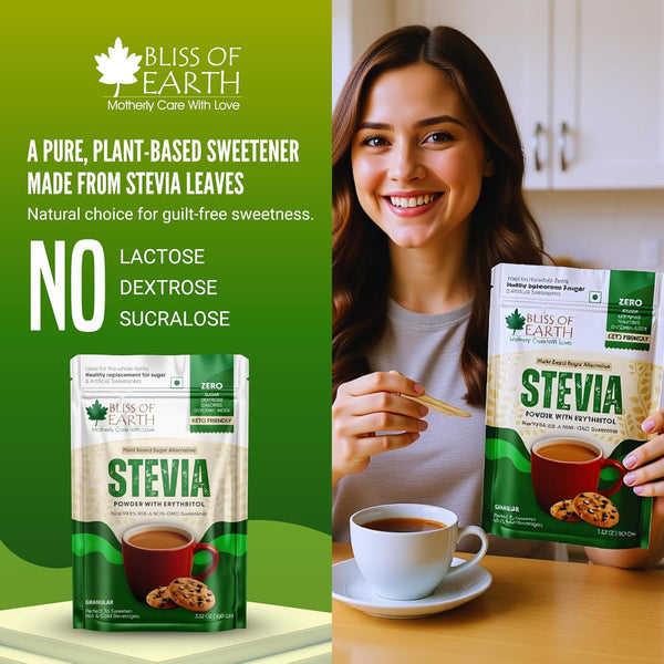 Bliss of Earth Stevia Powder – Sugar Free Stevia with Zero Calorie Sugar Substitute, 100g | Sweetener for Tea, Coffee, Baking, Keto & Diabetic-Friendly