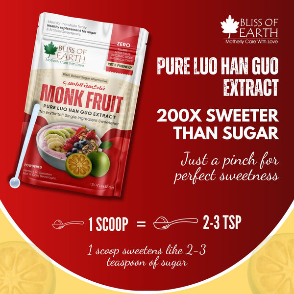 Bliss of Earth Pure Monk Fruit Extract Powder Without Erythritol, Zero Calorie Natural Sugar Free Sweetener, Keto & Diabetic Friendly, Healthy Sugar Substitute for Tea, Coffee, Baking & Cooking, 42.52gm, 850 Servings