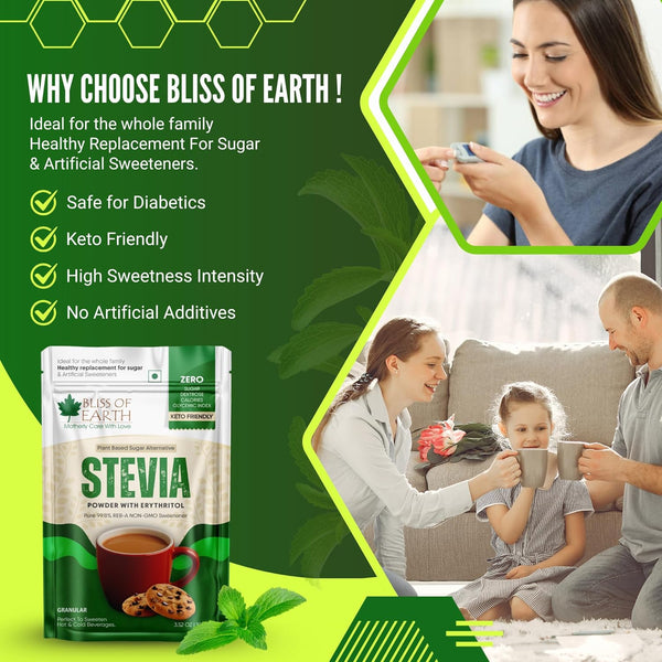 Bliss of Earth Stevia Powder – Sugar Free Stevia with Zero Calorie Sugar Substitute, 100g | Sweetener for Tea, Coffee, Baking, Keto & Diabetic-Friendly