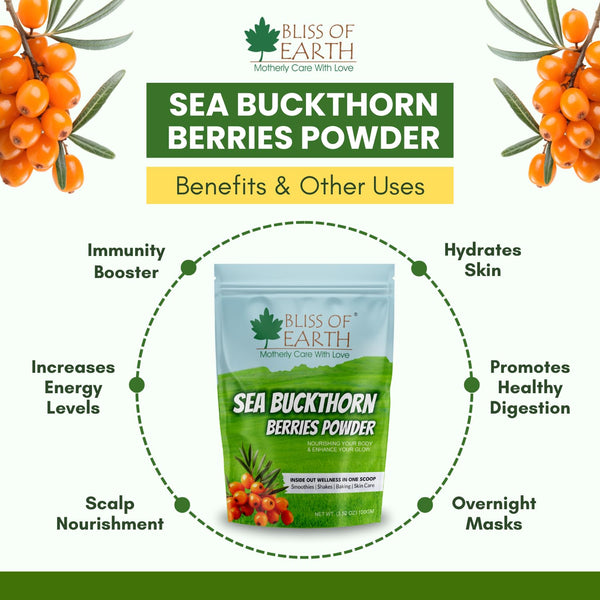 Bliss of Earth Sea buckthorn Berry Powder 100gm – Fine Himalayan Powder from Whole Sea buckthorn Berry, Easy to Mix in Drinks, Smoothies, Meals – No Added Sugar