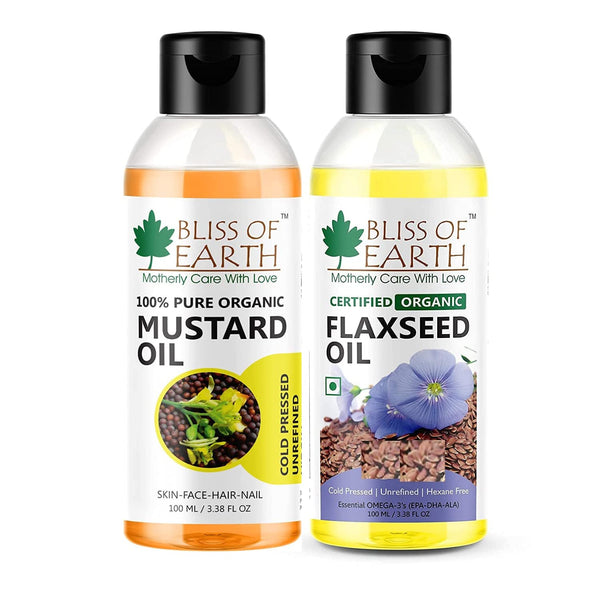 Bliss of Earth 100ML Organic Mustard Oil+100ML Certified Organic Flaxseed Oil With OMEGA-3, 6 & 9( Pack of 2)