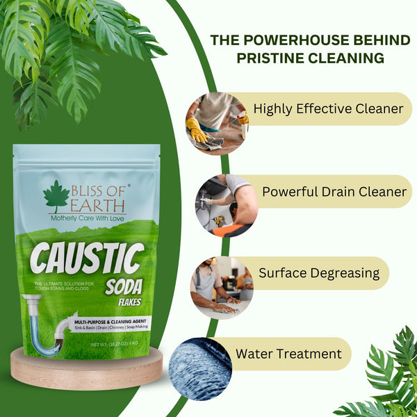 Bliss of Earth Caustic Soda Drain Cleaner, Pure Caustic Soda for Soap Making & Cleaning, Industrial Grade Fast Acting Formula For Clear Blockage Instantly, (1 KG)