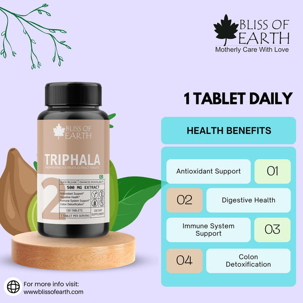 Bliss of Earth High Potency Triphala Extract Tablets 500mg With Quick Release & Enhanced Bioavailability, Digestive Health & Constipation Relief Support, 60 Tablets