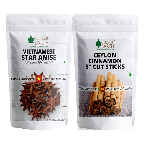 Bliss of Earth Vietnamese Star Anise (Chakri phool) + Sri lanka ceylon cinnamon stick (Dalchini) Whole spices, For Exotic Tea & Indian Cuisines 100gm each