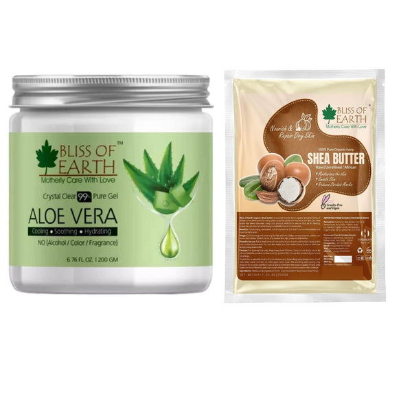 Bliss of Earth Organic Shea Butter & Pure Crystal Clear Aloe Vera Gel Great For Face, Skin, Body, Lips(pack of 2x200gm)
