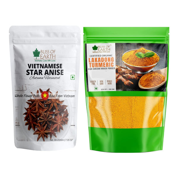 Bliss of Earth Vietnamese 200gm star anise chakra phool + 250gm Organic Lakadong Turmeric Powder great for cooking and health(Pack of 2)