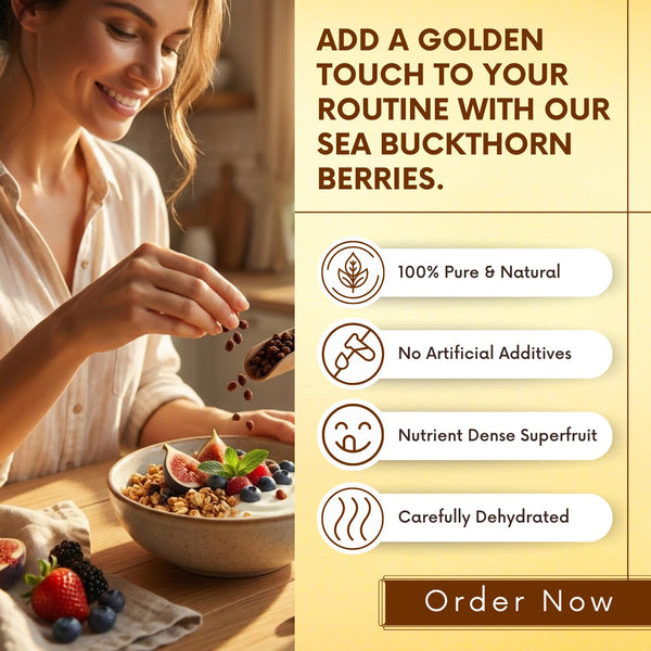 Bliss of Earth Himalayan Sea Buckthorn Berries (100g) Naturally Sun-Dried Wild Berries Packed with Omega 3, 6, 7 & 9 + Vitamins C & E Supports Immunity, Digestion & Metabolism Enhances Skin Glow & Hair Health Zero Added Sugar