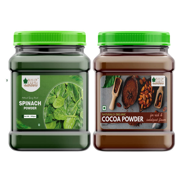 Bliss of Earth 300gm Spinach Powder + 500gm Alkalized Dark Cocoa Powder For Chocolate Cake Making & Chocolate Hot Milk Shake, Unsweetened