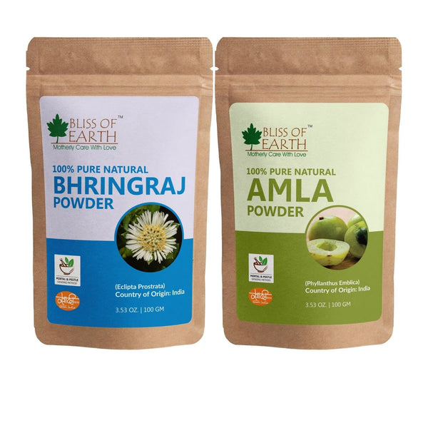 Bliss of Earth 100gm Bhringraj Powder Orgnaic Herbal Edible & 100% Pure Natural AMLA Powder 100GM Indian Gooseberry Great For Hair Conditioning