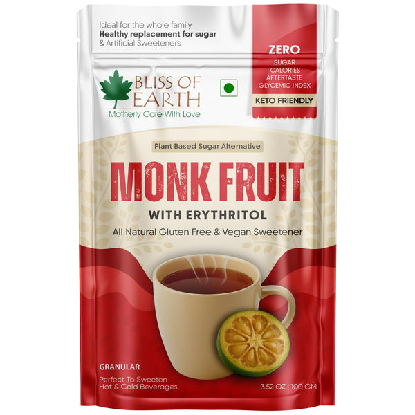 Bliss of Earth Monk Fruit Sweetener with Erythritol 100gm (Golden), 1:1 Zero Calorie Sugar Alternative, Keto Friendly, No Aftertaste, Zero Glycaemic Natural Sweetener,
