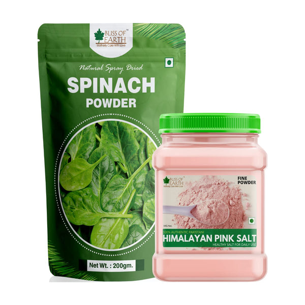 Bliss of Earth 200gm Spinach Powder + 1KG Fine Powder Pakistani Himalayan Pink Salt Non Iodised for Weight Loss & Healthy Cooking, Natural Substitute of White Salt