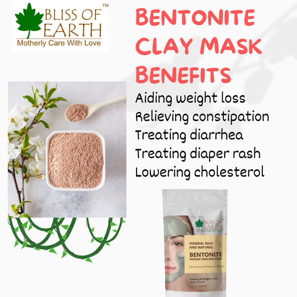 Bliss of Earth 100% Pure Bentonite Clay Powder Indian Healing Clay Natural Detoxifying Healing Facial Mask To Exfoliate and Deep Pore Cleansing Remove Excessive Oil Rejuvenates Skin & Hair Reduced Acnes 100GM