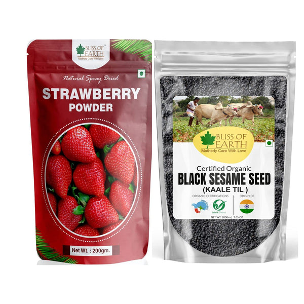 Bliss of Earth 200 gm Strawberry Powder Natural Spray Dried & 200gm unhulled Black Sesame Seeds, Kaale Til, Fresh
