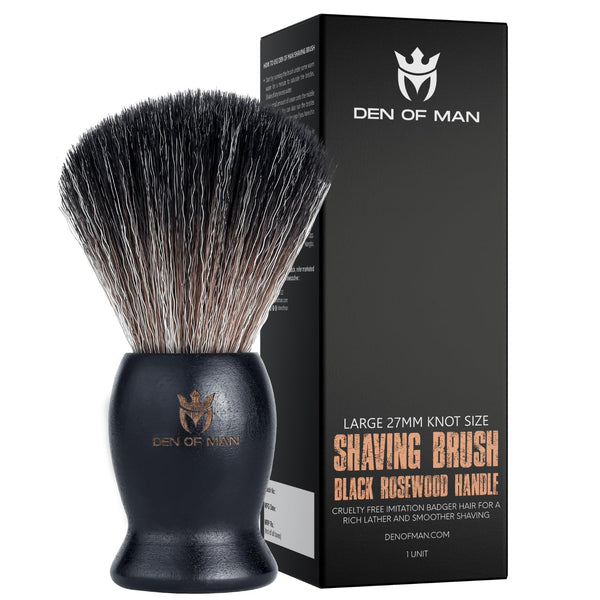 Den of Man Jumbo 27mm Knot Premium Cruelty Free Imitation Badger Hair Shaving Brush, Soft & Ultra Absorbent Bristles For Smooth Shave, Real Rosewood Handle