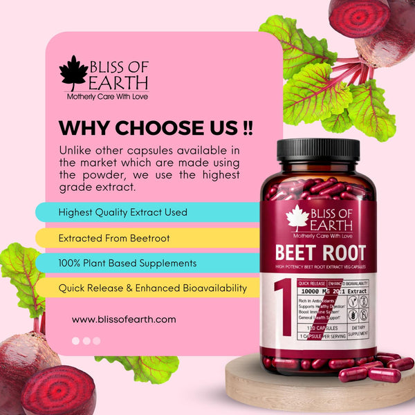 Bliss of Earth BeetRoot Capsules | 120 Veg Capsules 10000 mg (20:1) | Rich Antioxidant Capsule | Supports Energy, Digestion & Overall Wellness | Plant Based Supplement