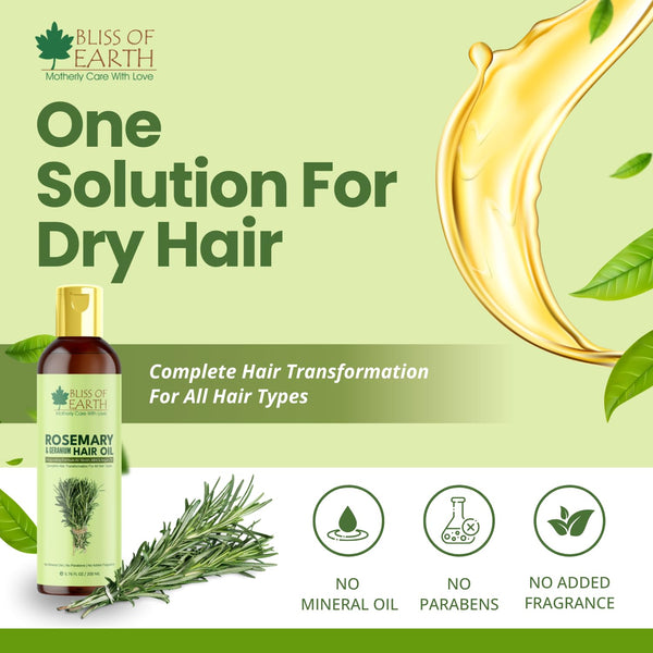 Bliss of Earth Rosemary Oil For Hair Growth With Biotin, Lavender & Geranium Essential Oils, Blend of 20 Herbs To Promotes Healthy Scalps & Hair, No Mineral Oil, 200ml