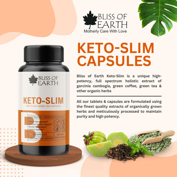 Bliss of Earth Keto Slim Weight Management Pills, Keto Diet Safe, 100% Natural Fat Burner, Appetite Suppressant, Non-GMO, Gluten Free, 60 Veg Capsules