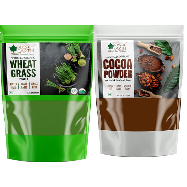 Bliss of Earth 250 gm Wheatgrass Powder+250gm Naturally Organic Dark Cocoa Powder for Chocolate Cake Making (Pack of 2)