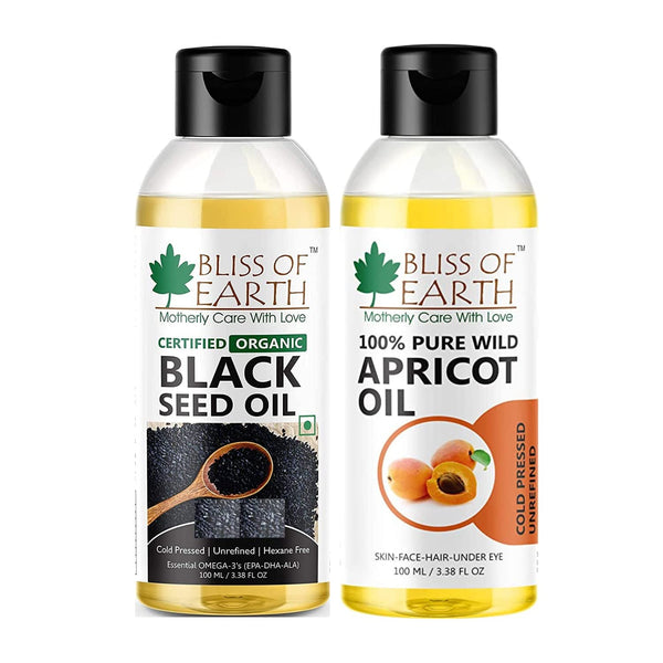 Bliss of Earth 100ML Certified Organic Black Seed Oil | Kalonji Oil+Wildcrafted Himalayan Apricot Oil 100ML Coldpressed & Unrefined (Pack of 2)