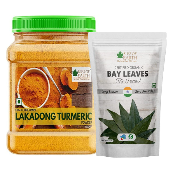 Bliss of Earth 500GM Organic Lakadong Turmeric Powder High Curcumin & 50GM Tej Patta Bay Leaves A1 Grade Zero Pin Holes & Zero Dust With Uniform Green Color (Pack of 2)