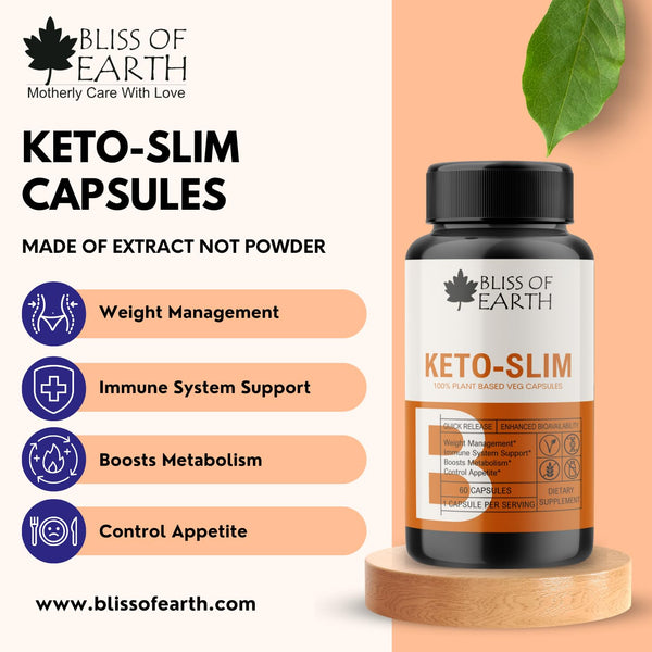 Bliss of Earth Keto Slim Weight Management Pills, Keto Diet Safe, 100% Natural Fat Burner, Appetite Suppressant, Non-GMO, Gluten Free, 60 Veg Capsules