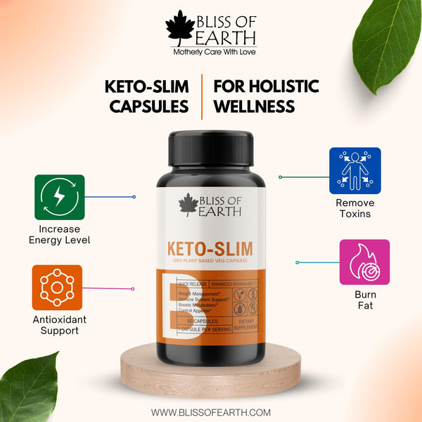 Bliss of Earth Keto Slim Weight Management Pills, Keto Diet Safe, 100% Natural Fat Burner, Appetite Suppressant, Non-GMO, Gluten Free, 60 Veg Capsules