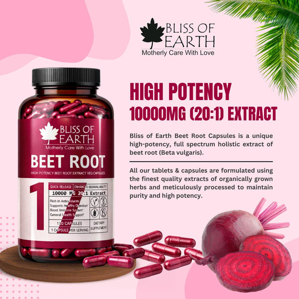 Bliss of Earth BeetRoot Capsules | 120 Veg Capsules 10000 mg (20:1) | Rich Antioxidant Capsule | Supports Energy, Digestion & Overall Wellness | Plant Based Supplement