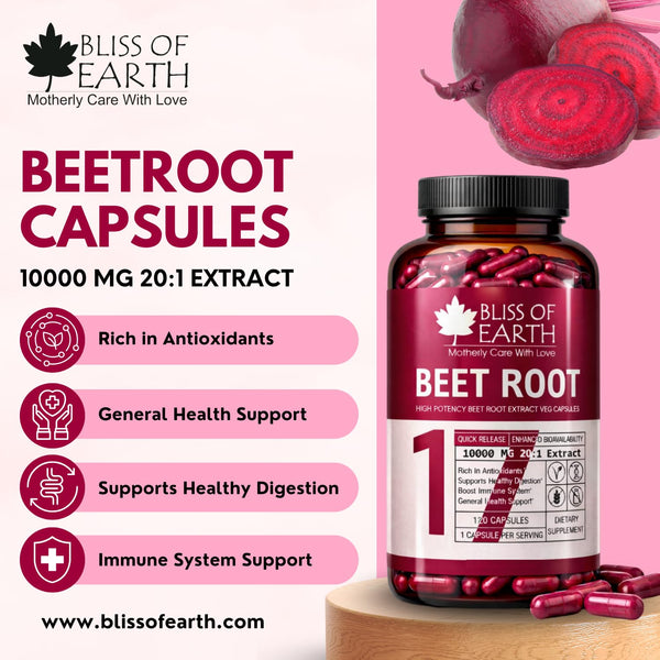 Bliss of Earth BeetRoot Capsules | 120 Veg Capsules 10000 mg (20:1) | Rich Antioxidant Capsule | Supports Energy, Digestion & Overall Wellness | Plant Based Supplement